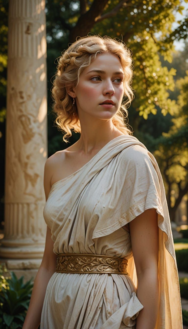 Elegant Helen of Troy in a Serene Greek Garden