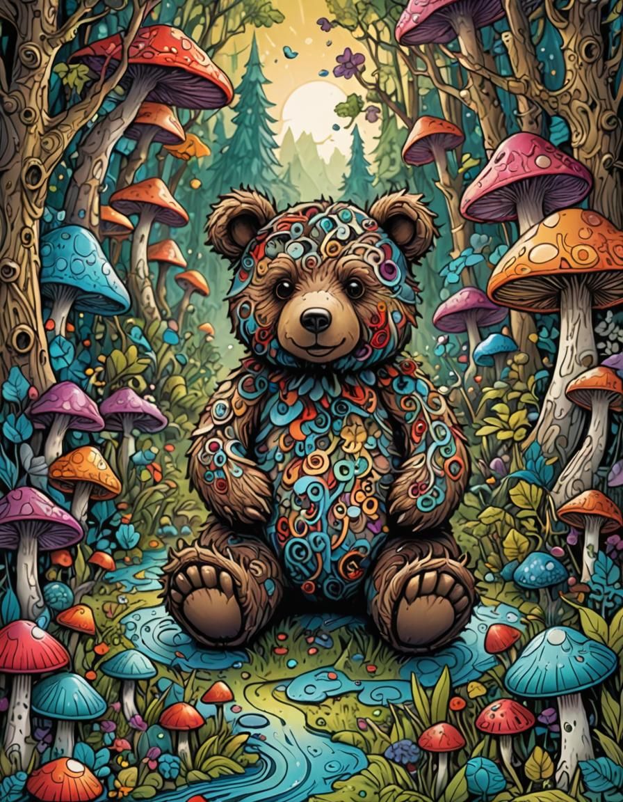 Fuzzy Bear in Mushroomland Card with Zentangle Art