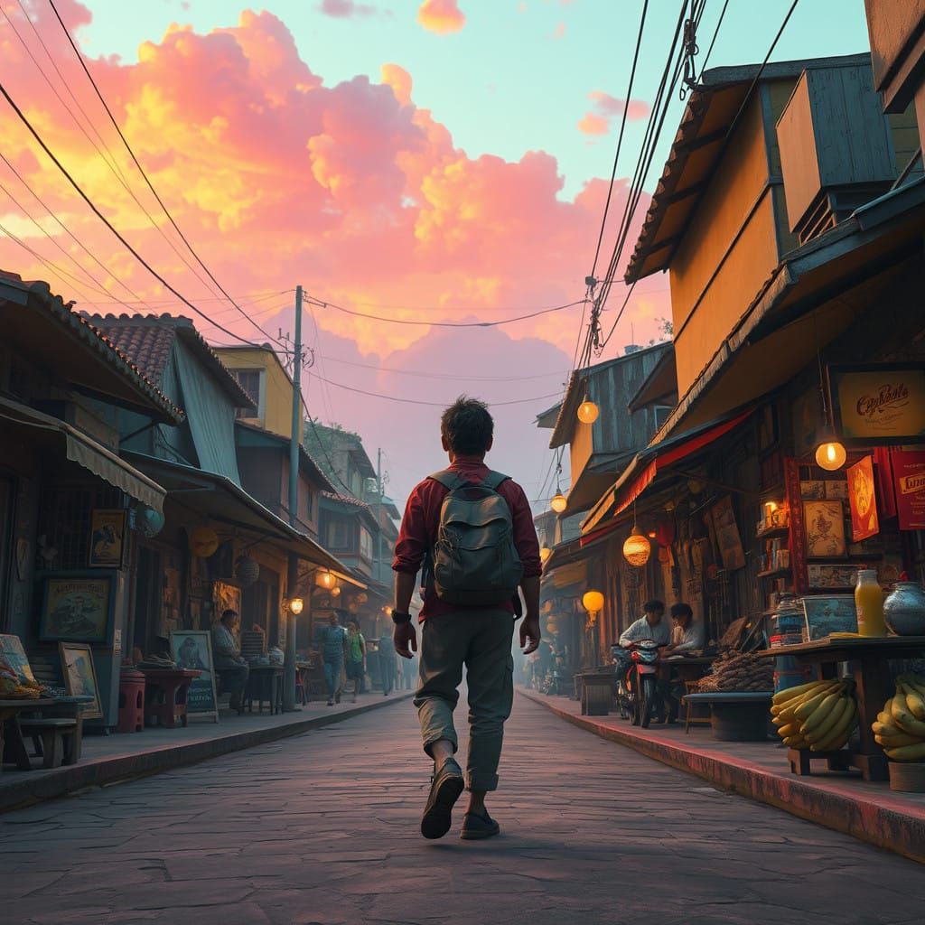 Vibrant Street Scene in a Fantastical, Dreamlike World