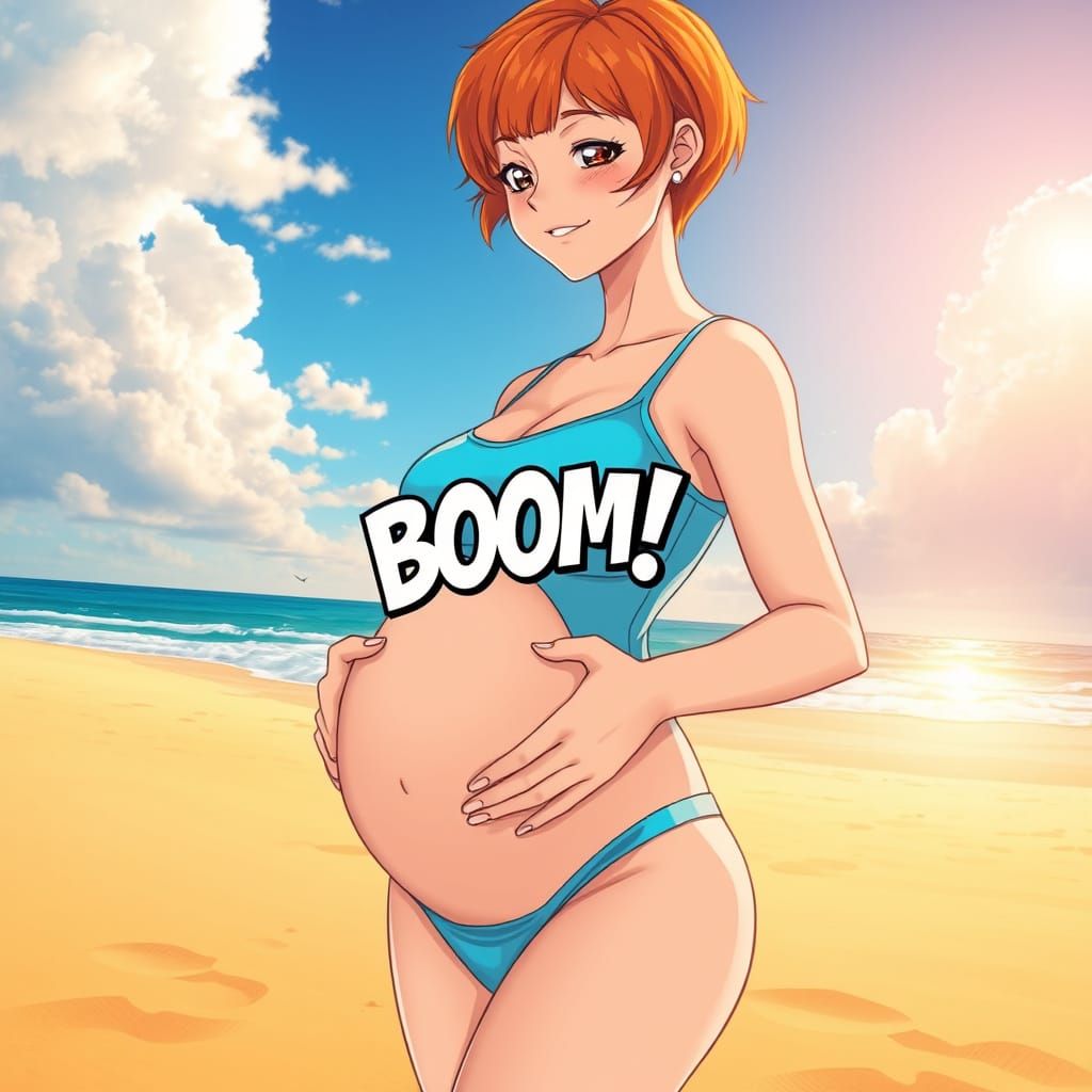 Pregnant Beach Goddess in Vibrant Orange Hair, Surprised by ...