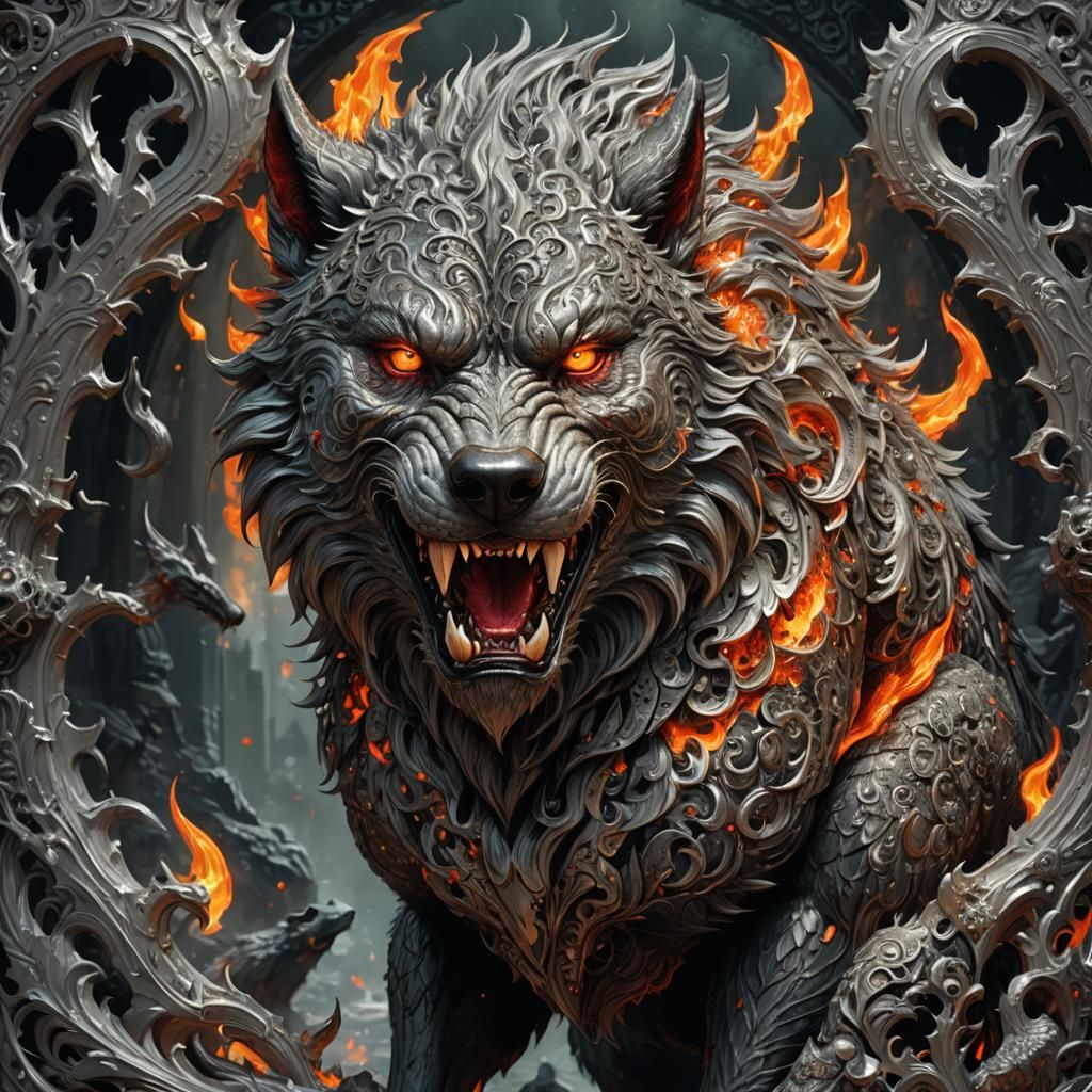 Fiery Werewolf in Lava Filigree: Digital Art