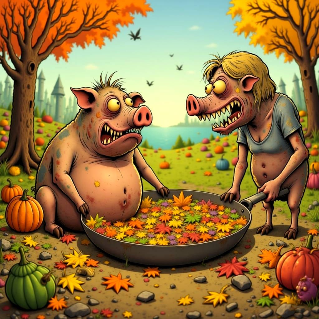 Pig Man Kisses Woman in Miniature Autumn World