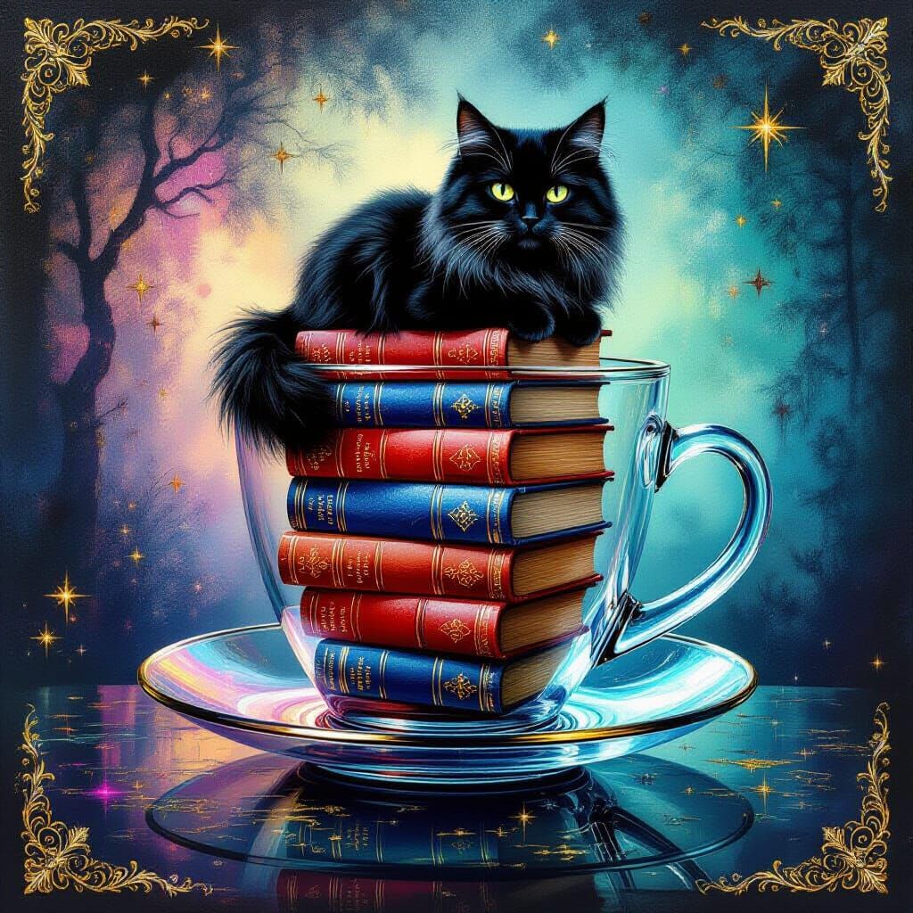 Glass Coffee Cup with Books & Cat, Mystical Fantasy Style