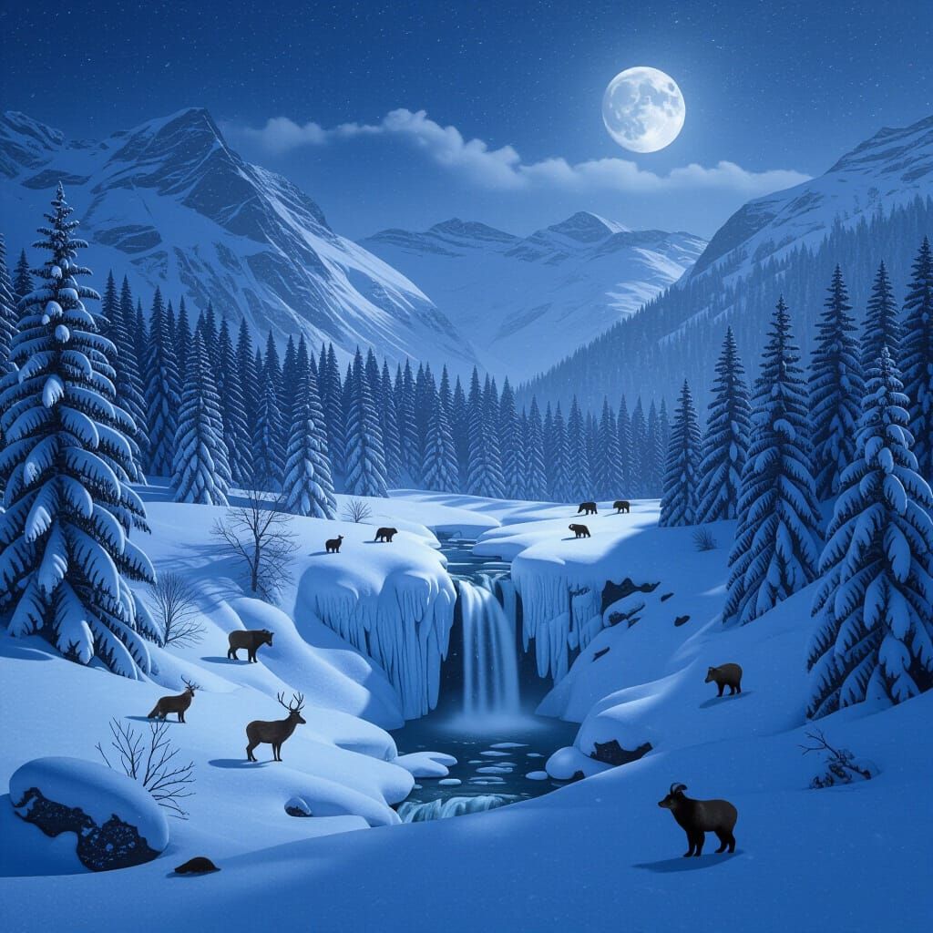 Snowy Forest Waterfall With Animals Under Moonlight