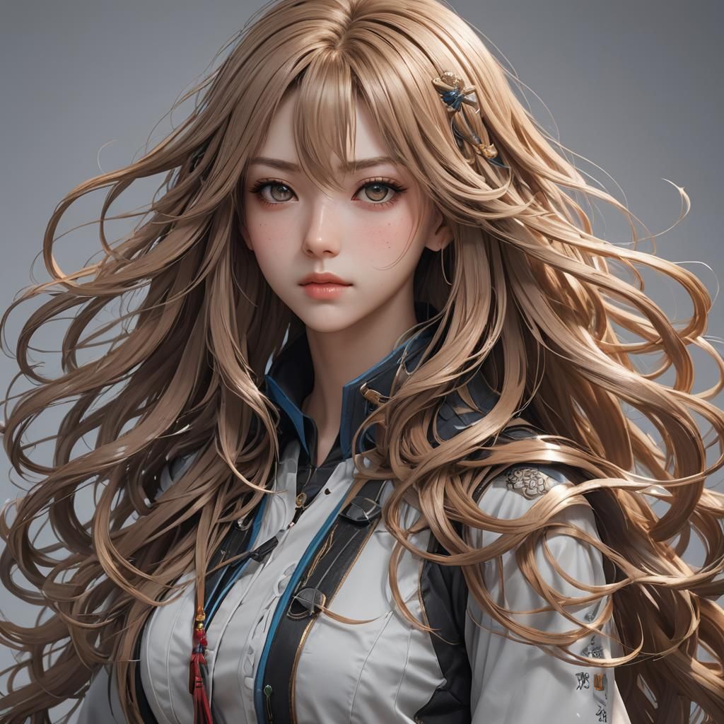 Girl with Extraordinarily Long Hair in 3D Anime Art