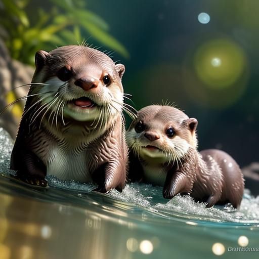 Playful Baby Otters in Golden Hour