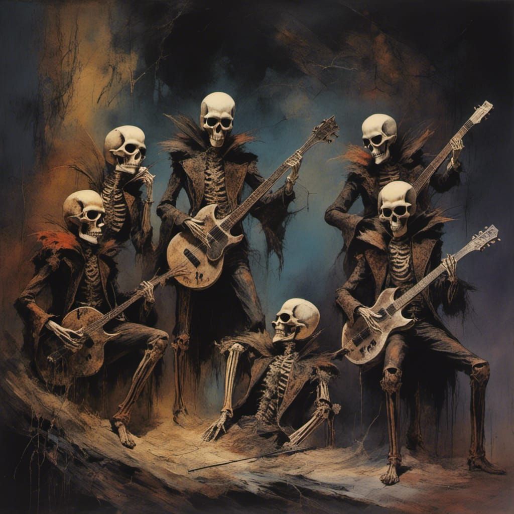 Skeleton 80's Glam Rock Band in Woodsplash Style