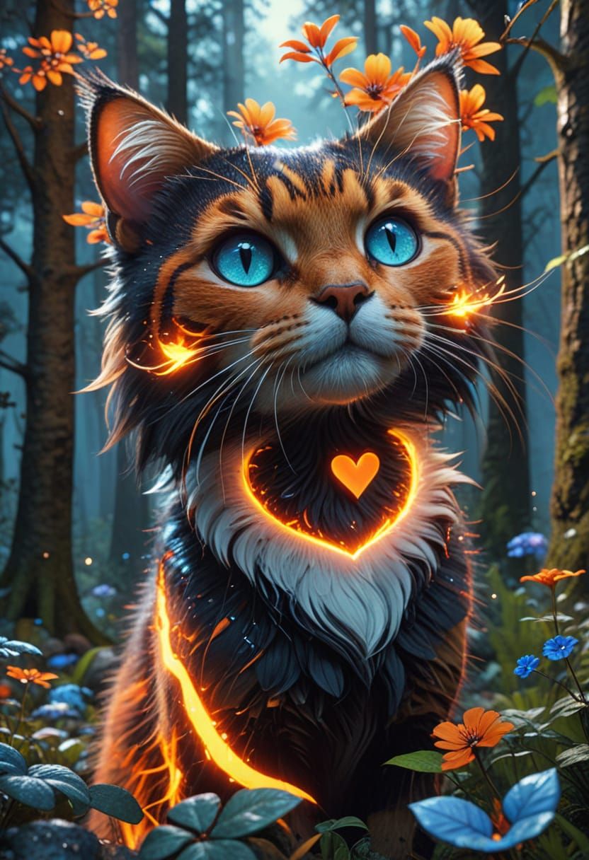 Surreal Cat in Vibrant Love Forest