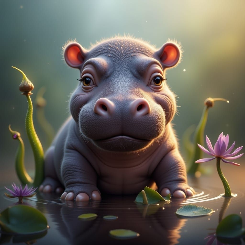 Charming Baby Hippo in a Whimsical Savannah Lake Scene