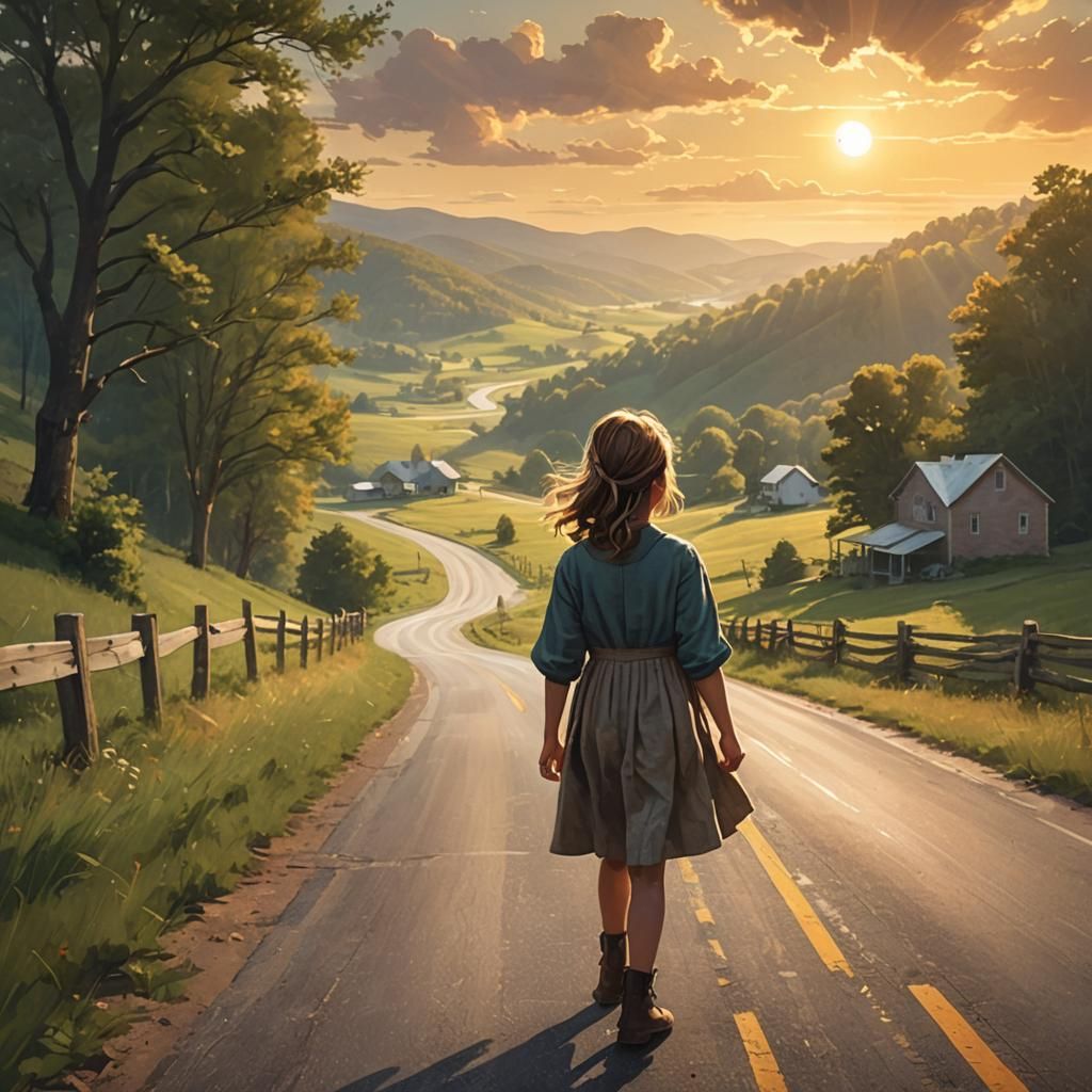 Nostalgic Rural Landscape: Girl Singing on Country Road