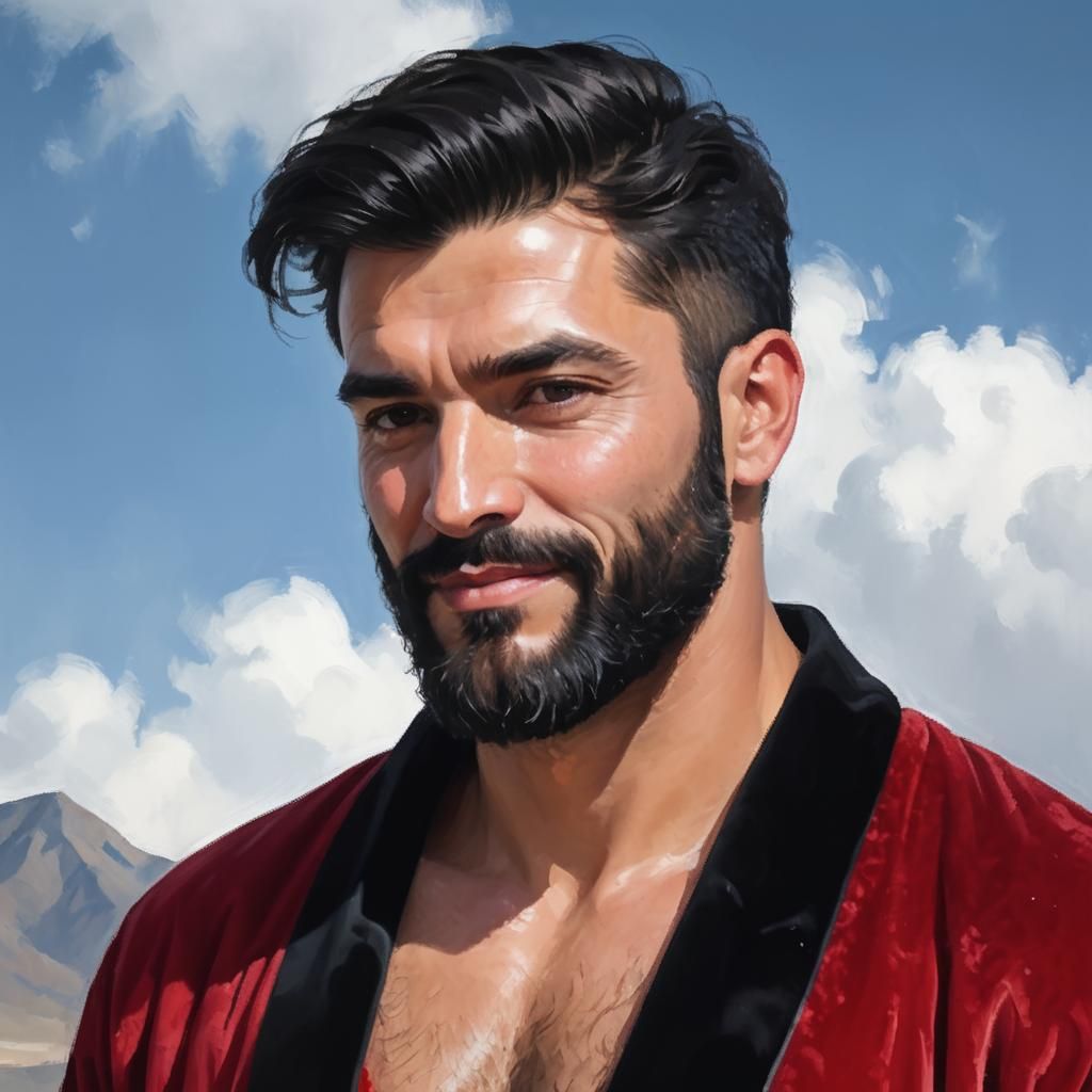 Bearded Man in Red Velvet Bathrobe as Impasto Painting