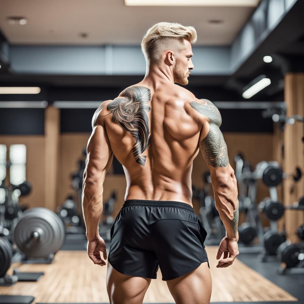 Muscular Man with Tattoo in Origami Gym