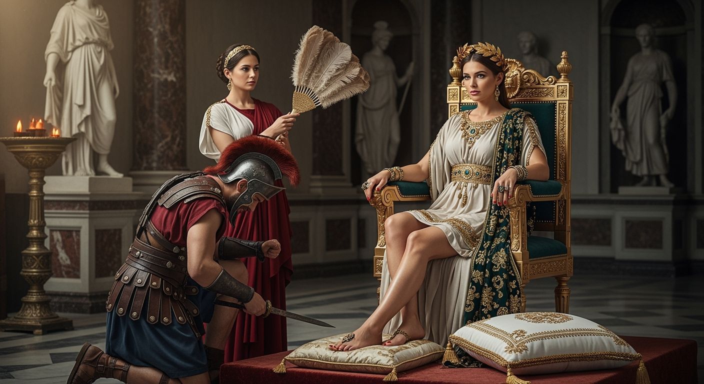 Regal Roman Empress on Gold Throne in Opulent Palace
