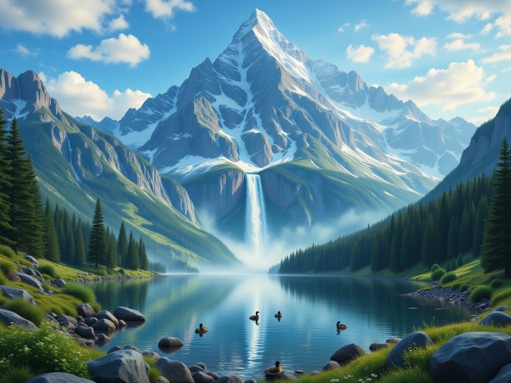 Mountain with Eyes and Waterfall Lake