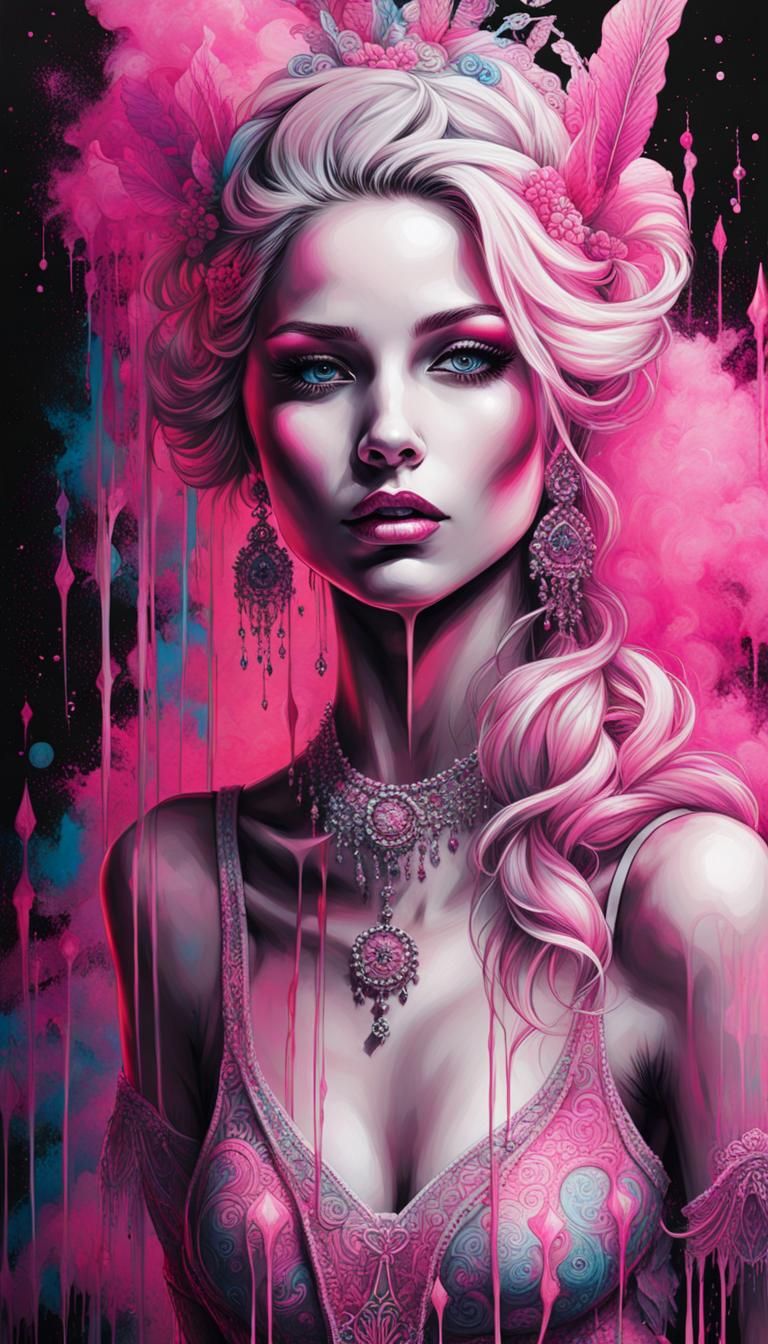 Ballerina in Amusement Park with Black Light, Detailed Ink D...