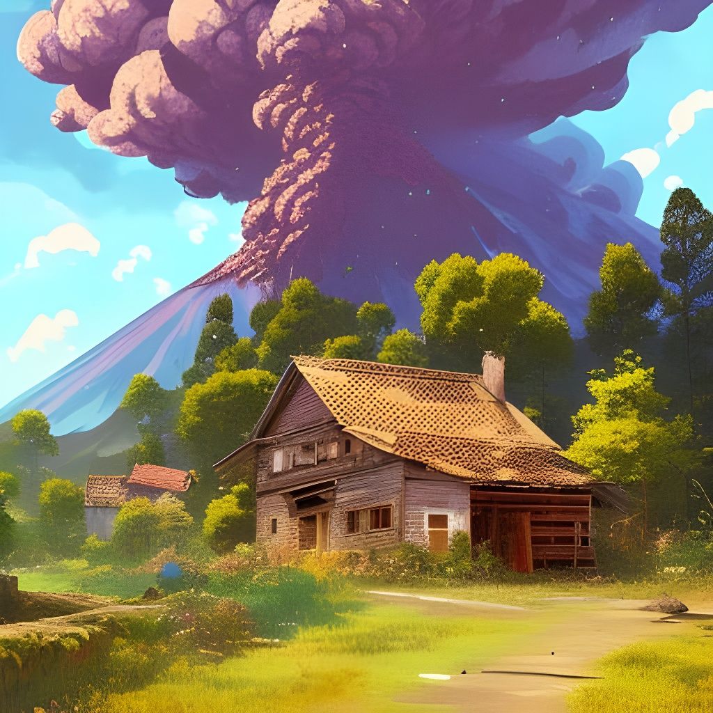 Anime Farm Village with Erupting Volcano