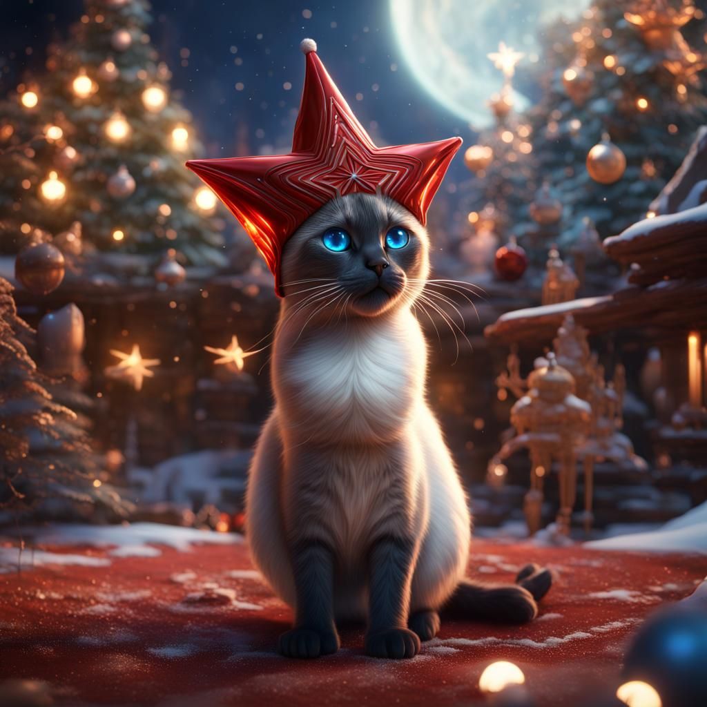 Siamese Cat in Christmas Hat: Detailed Matte Painting