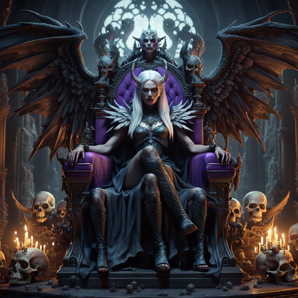 Dark Fantasy Demon Queen on Skull Throne