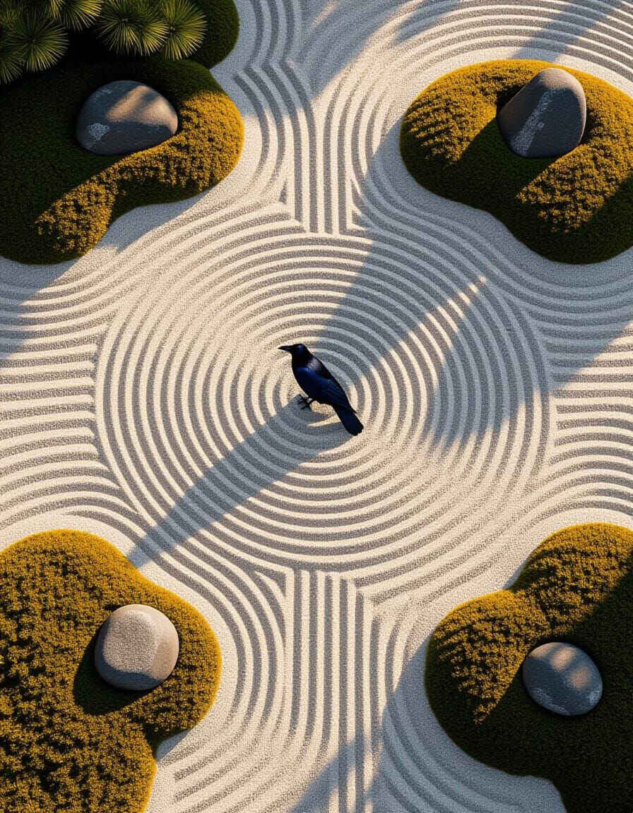 Zen Garden with Raven in Minimalist Style