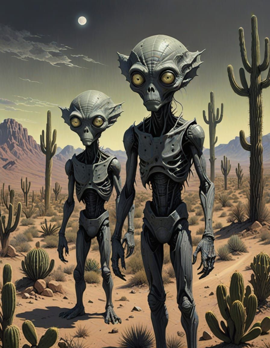 Grey Space Aliens in New Mexico Desert Landscape