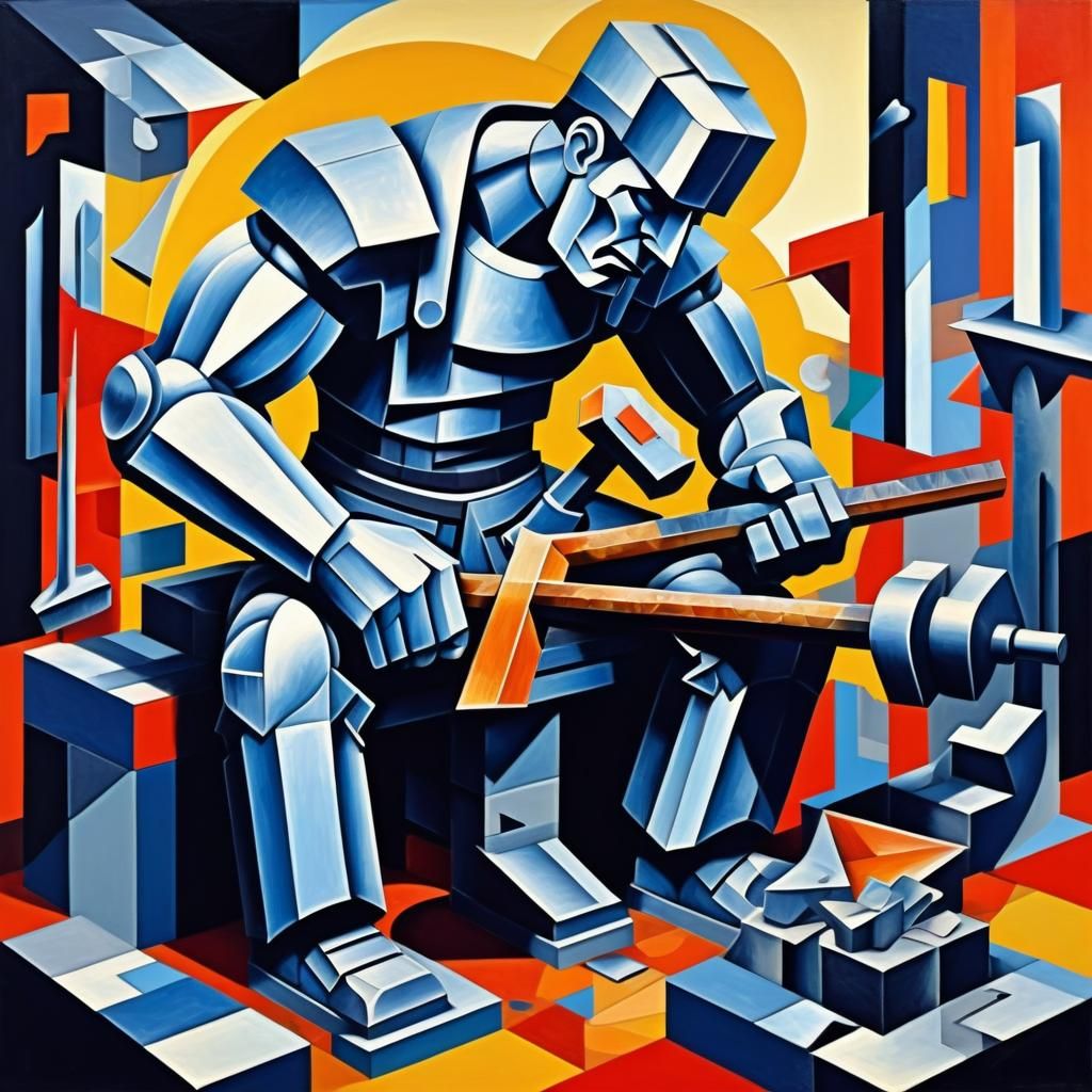 Blacksmith Forging Metal: Cubist Art Deco Style