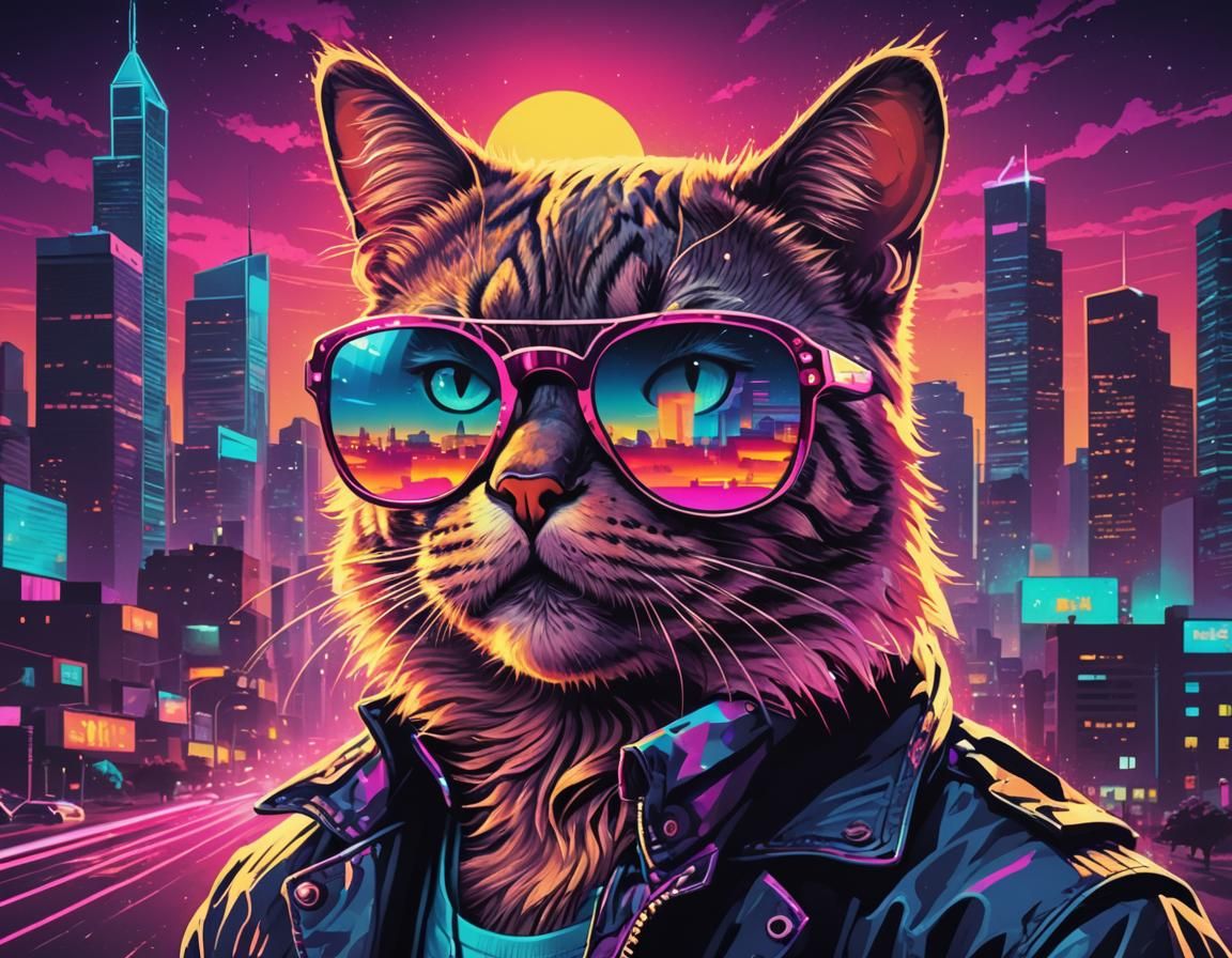 Cool Cat in Synthwave Vector Portrait