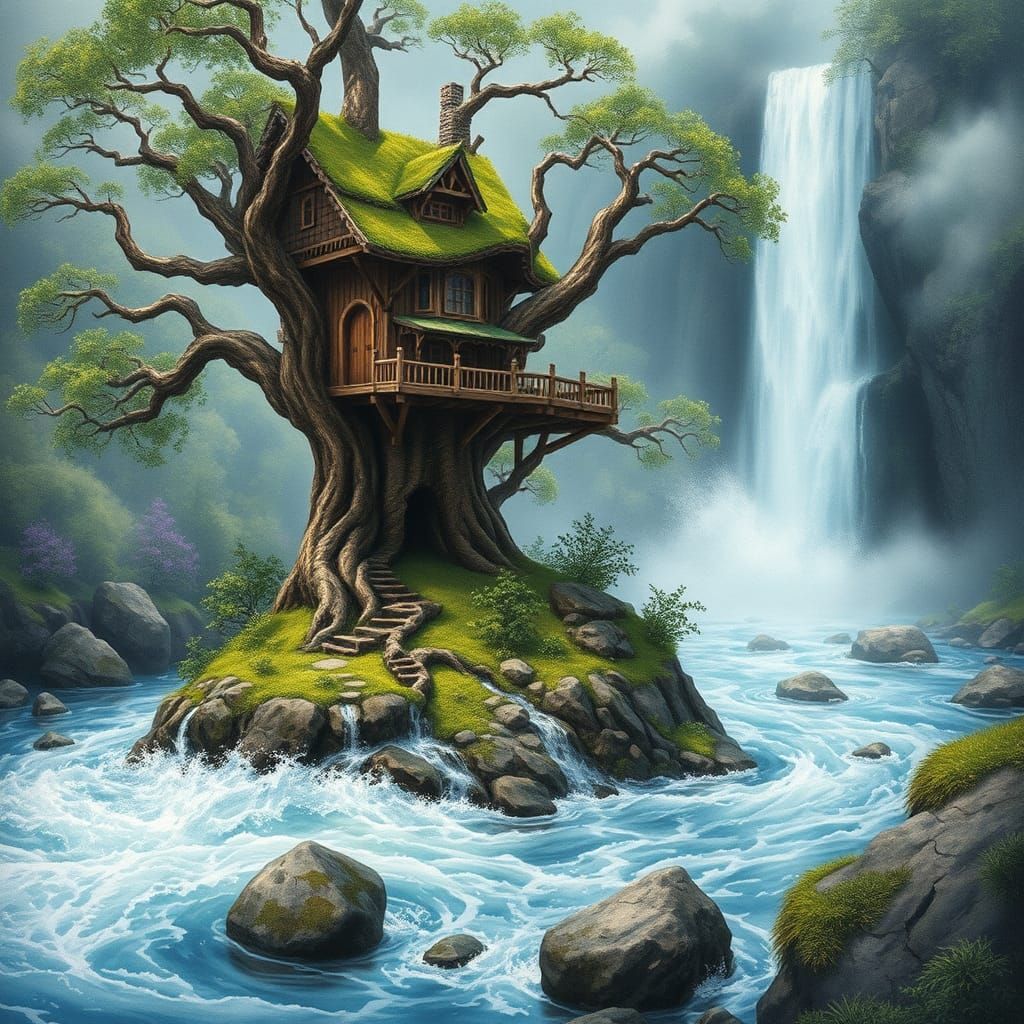 Whimsical Treehouse Island Waterfall Scene