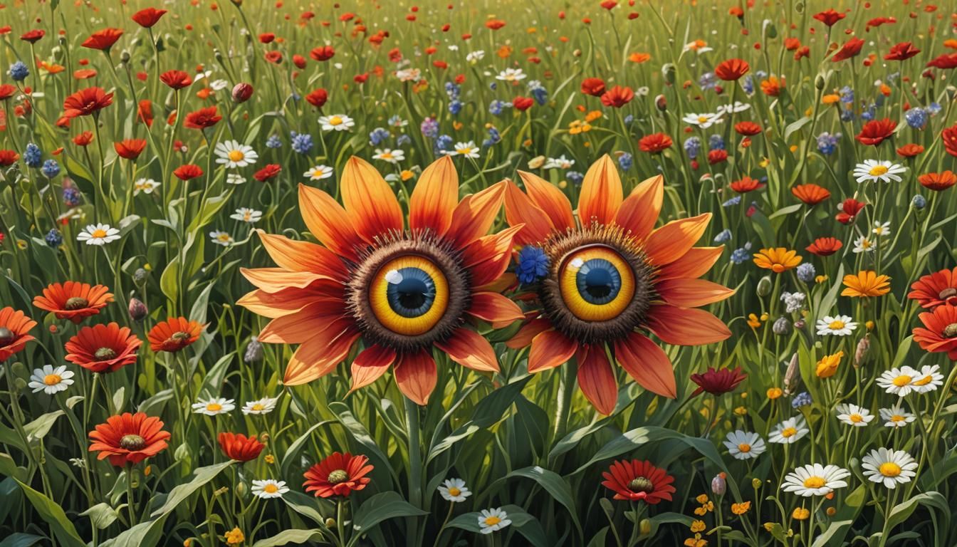 Vibrant Anthropomorphic Flower Portrait in Meadow