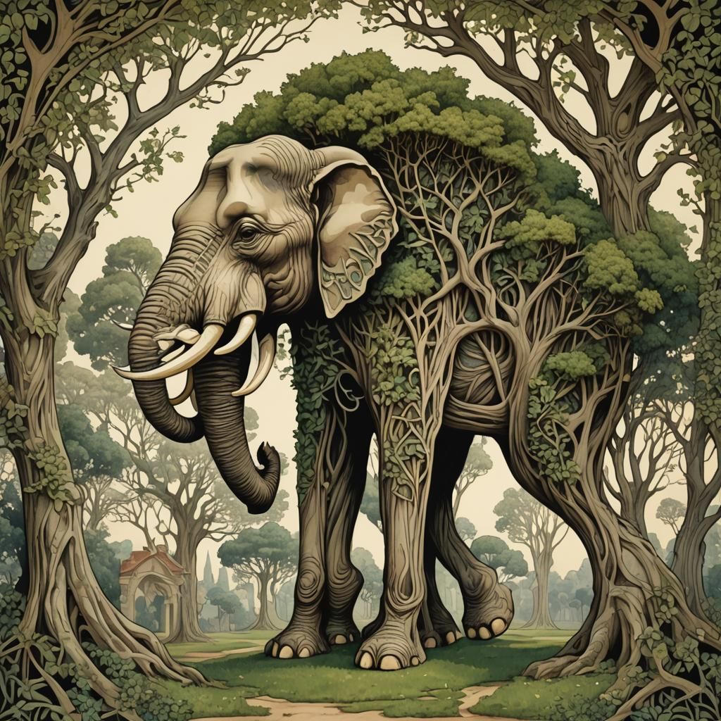 Optical Illusion: Elephant Tree in Art Nouveau Rococo
