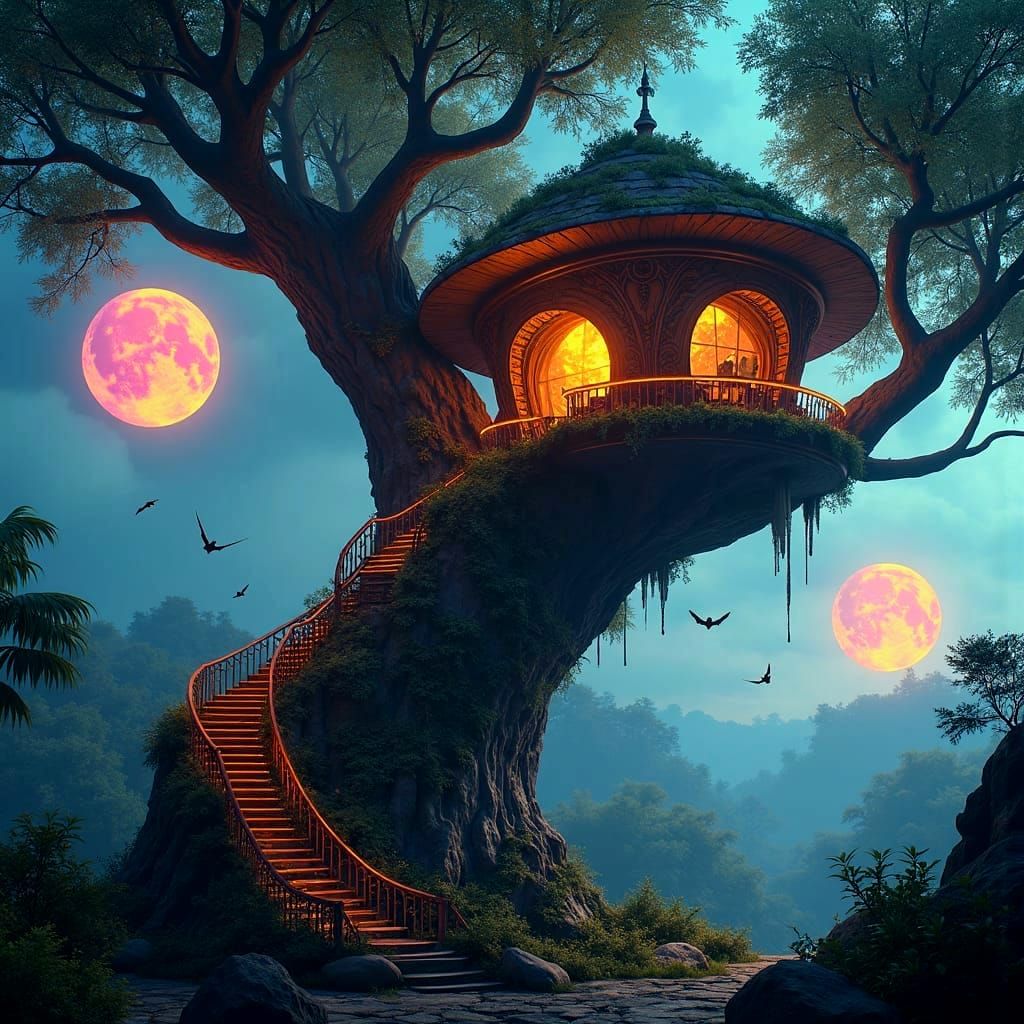 Retrofuturistic Cyber-Treehouse Under Starlight