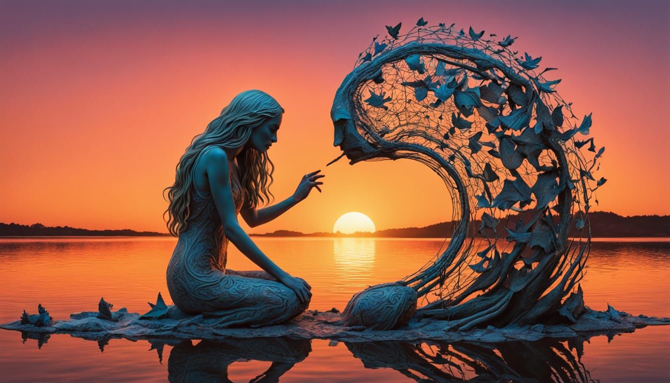 Surreal Sculpture of Woman by Sunset in Bio Art Collage