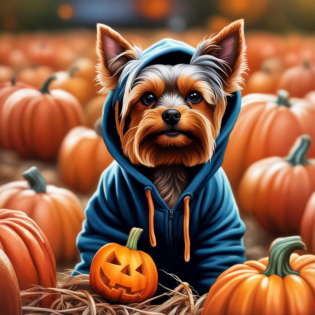 Yorkie Puppy in Hoodie at Pumpkin Patch