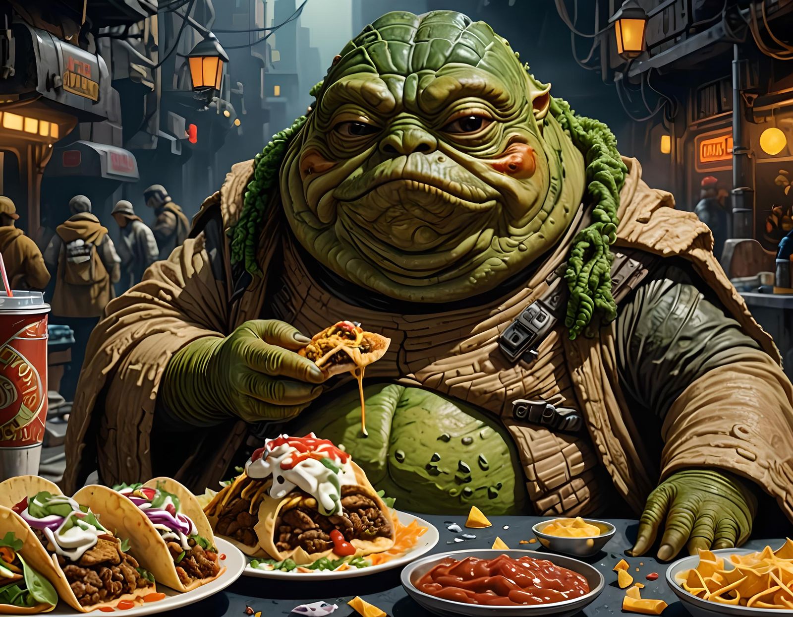 Jabba the Hutt Eating Tacos in Ghibli Style