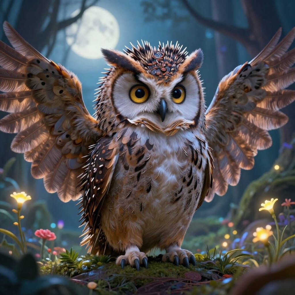 Fantasy Owl-Hedgehog Hybrid Creature in Mystical Forest