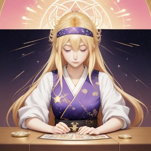 Anime Woman with Phoenix Tarot Cards in Gold Tones