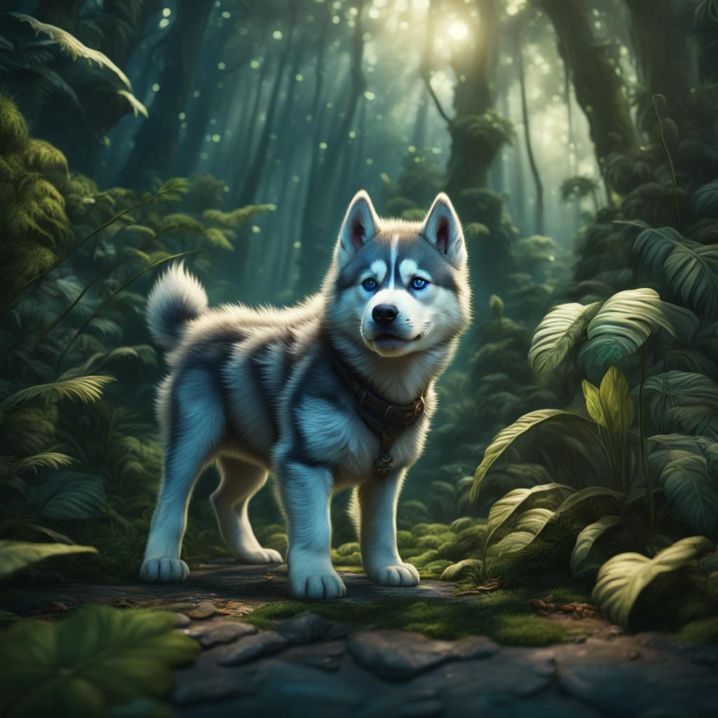 Husky Wolf Puppy in Jungle: Detailed Matte Painting