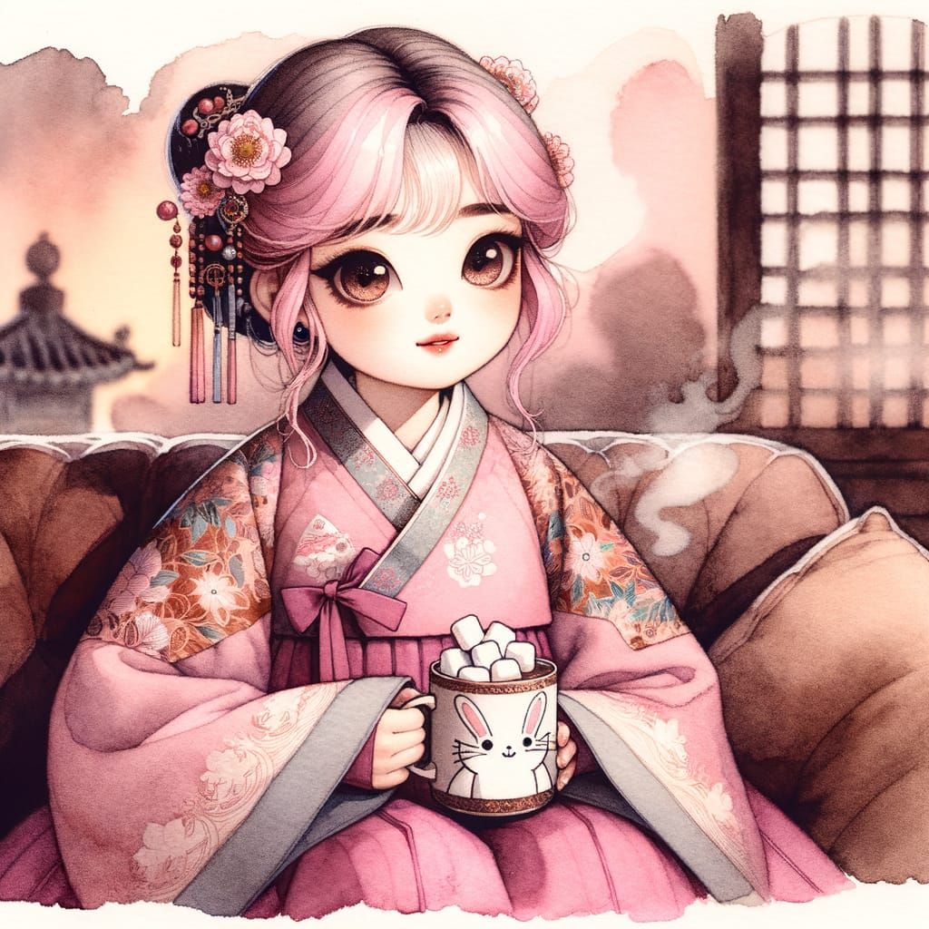 Sakura Hanbok Girl in Palace, as Watercolor Illustration
