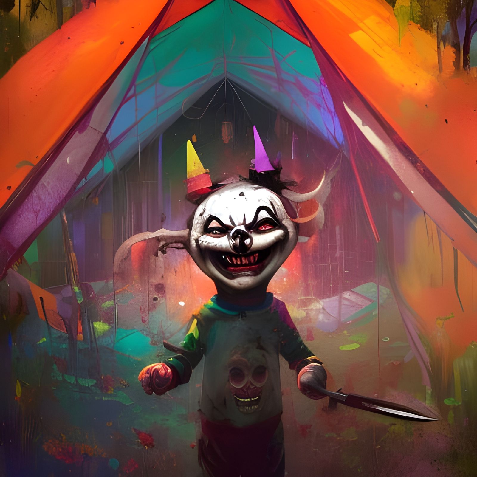 Sinister Horror Movie Clown in Abandoned Amusement Park