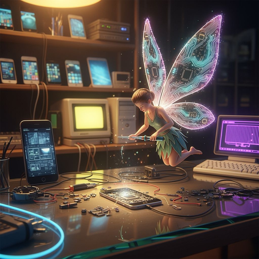 Whimsical IT Fairy Repairs Phones in Cyberpunk Shop