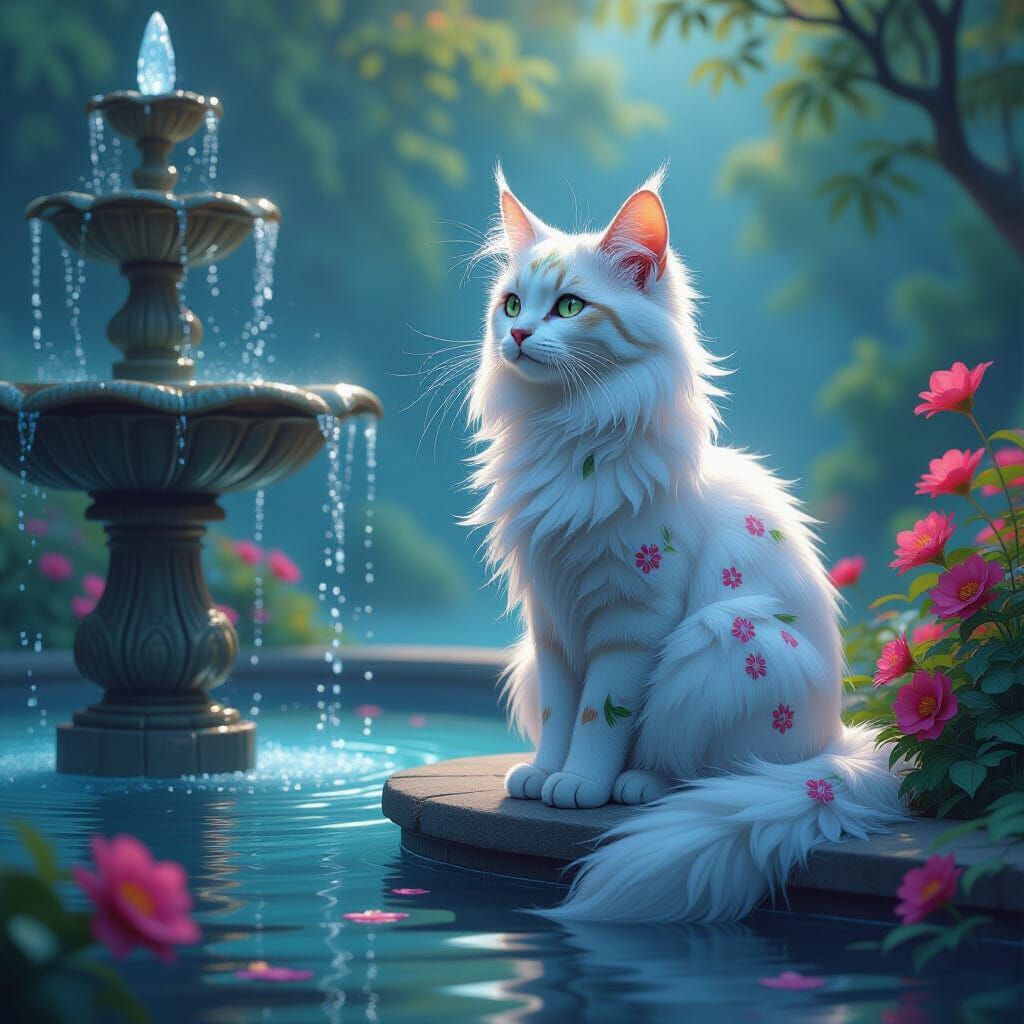 Flower Cat by Fountain in Rich, Fantastical Style