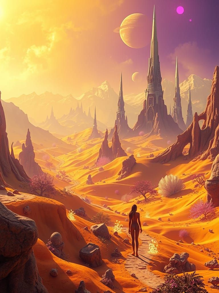 Vibrant Yellow and Purple Futuristic Planet with Organic Fig...