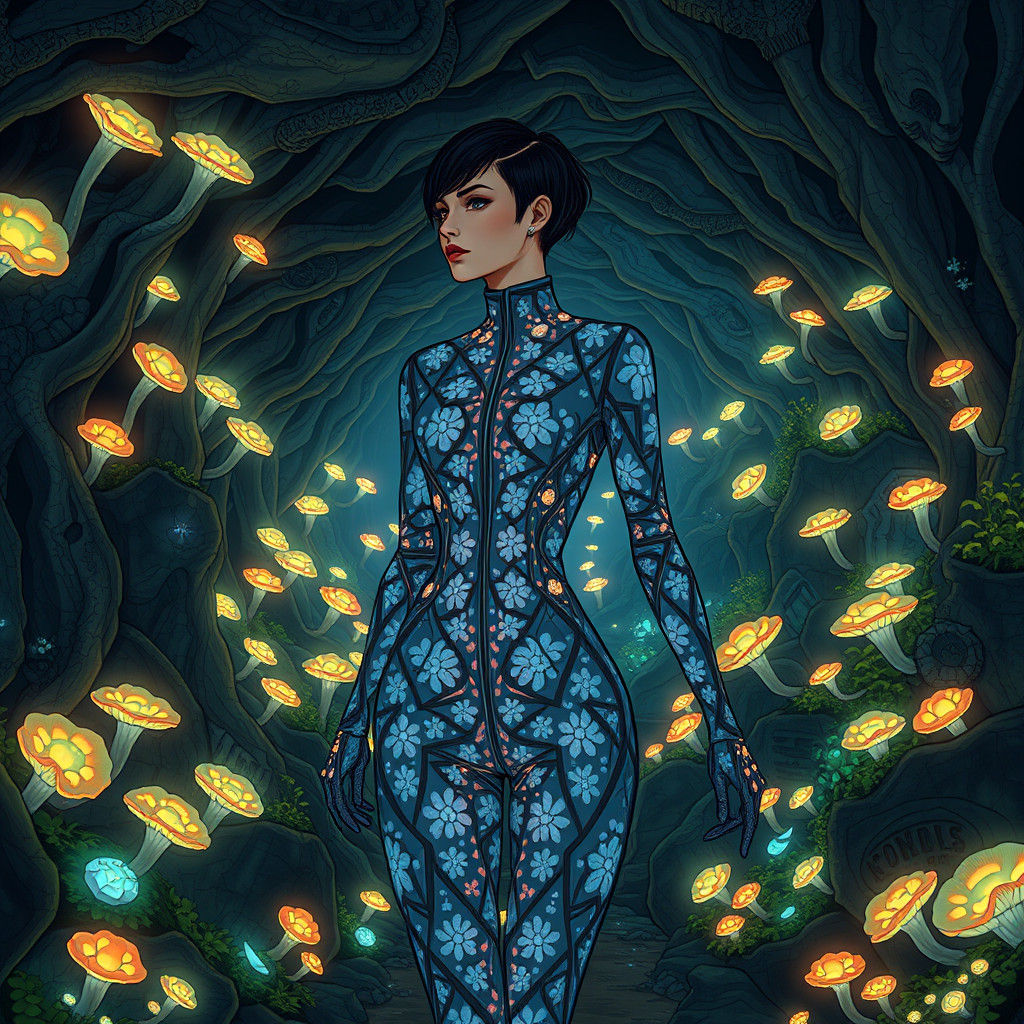 Woman in Bioluminescent Jumpsuit in Bauhaus Style