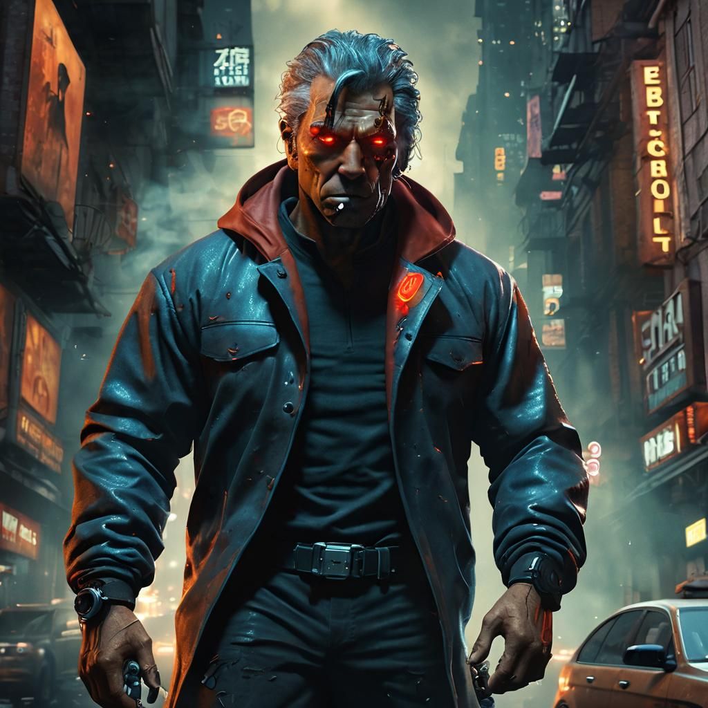 Cyborg Villain in Dystopian Cityscape: Cyberpunk Aesthetic