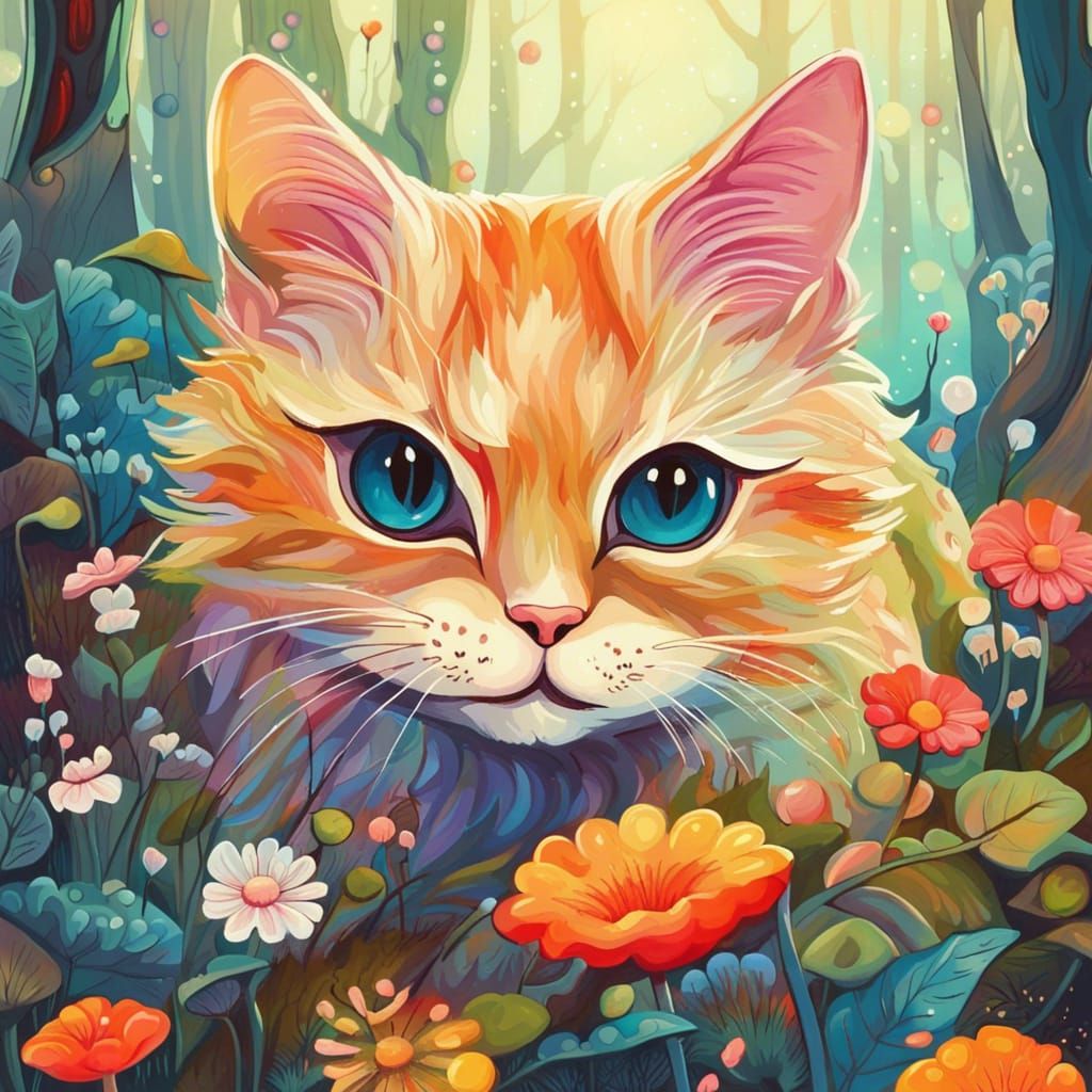 Cute Cat in Enchanting Forest Oil Painting