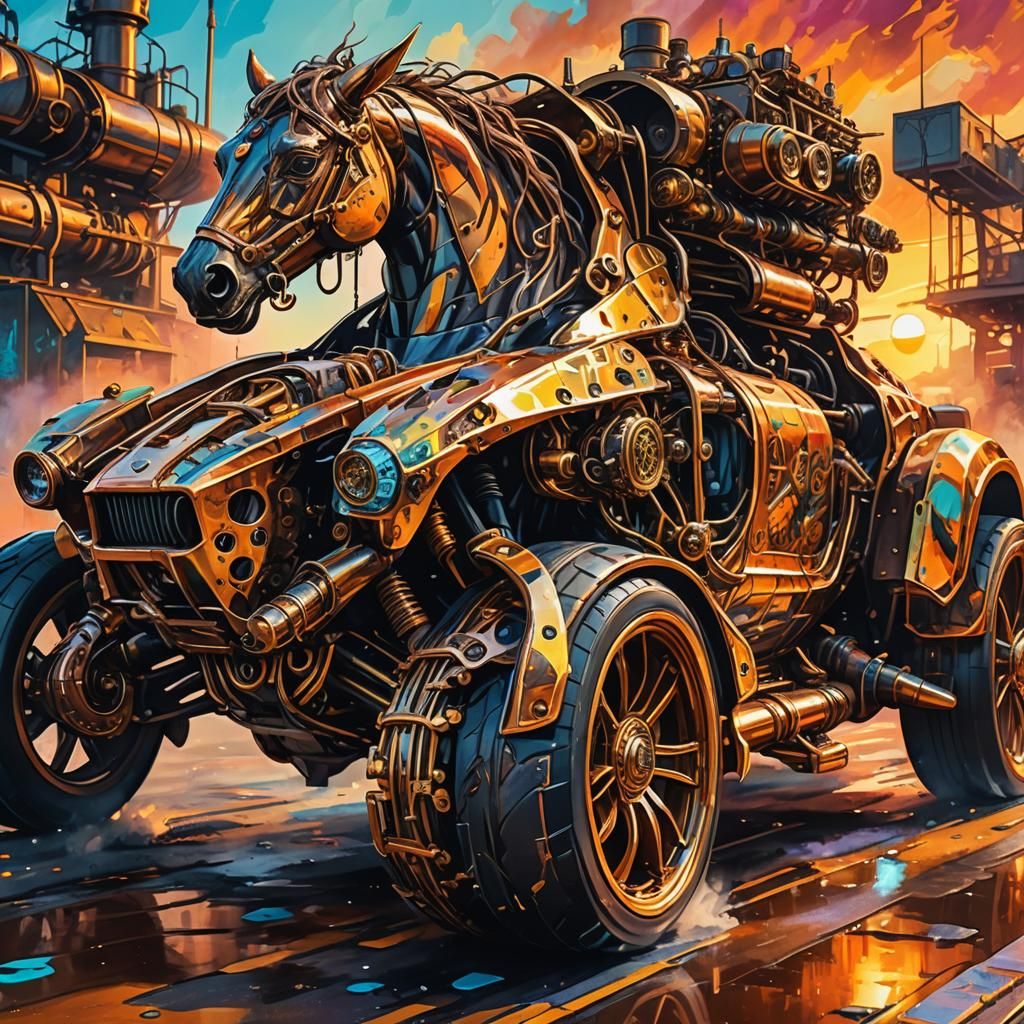 Steampunk Horse-Car Hybrid Races into the Sunset
