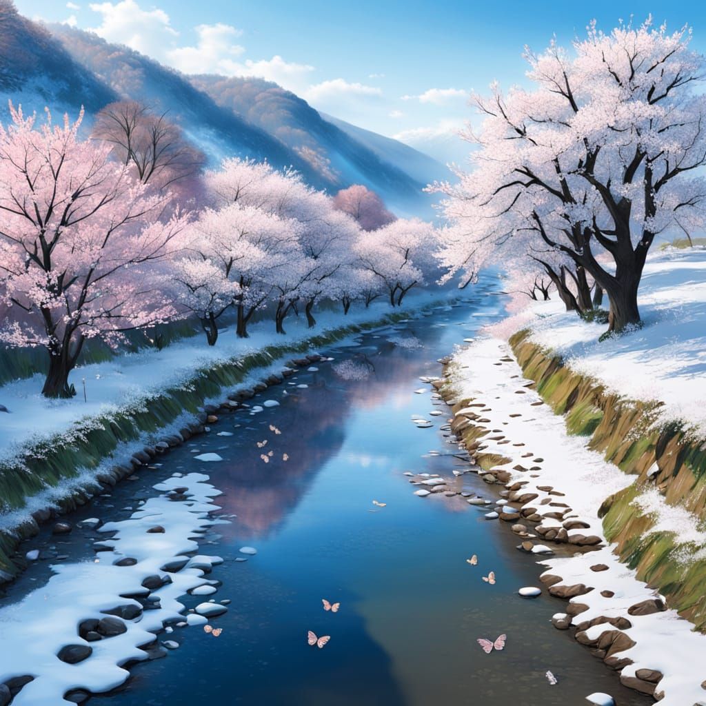 Two Seasons Divide: Blossoms Meet Frost by Glowing River