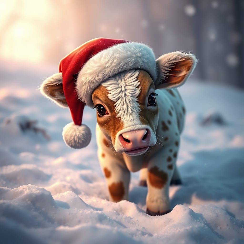 Whimsical Winter Wonderland with a Baby Cow in Santa Hat