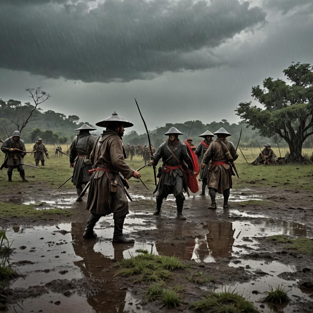 Hyperrealistic Warriors in Battle with Red Sky