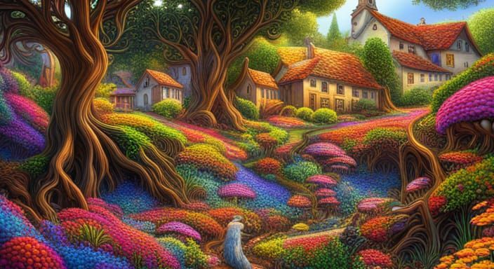 Lush Jungle Village in a Flower, Digital Art