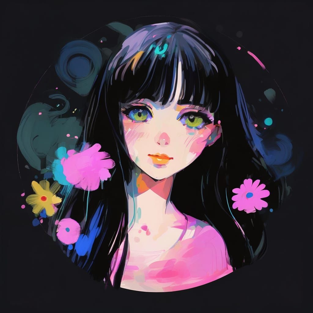 Anime Girl with Bubbly Eyes in Gestural Oil Paint Style